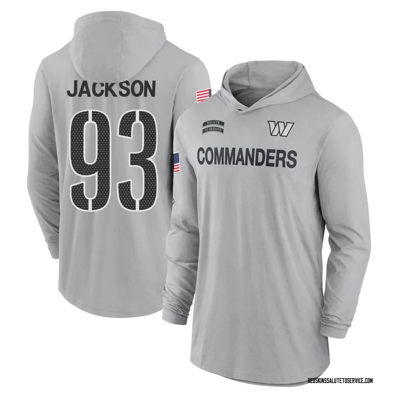 Men's Drake Jackson Washington Commanders Gray 2024 Salute to Service Lightweight Performance Long Sleeve Hooded T-Shirt