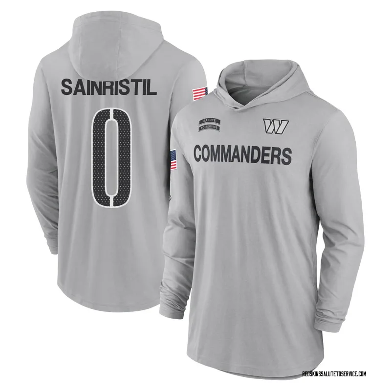 Men's Mike Sainristil Washington Commanders Gray 2024 Salute to Service Lightweight Performance Long Sleeve Hooded T-Shirt